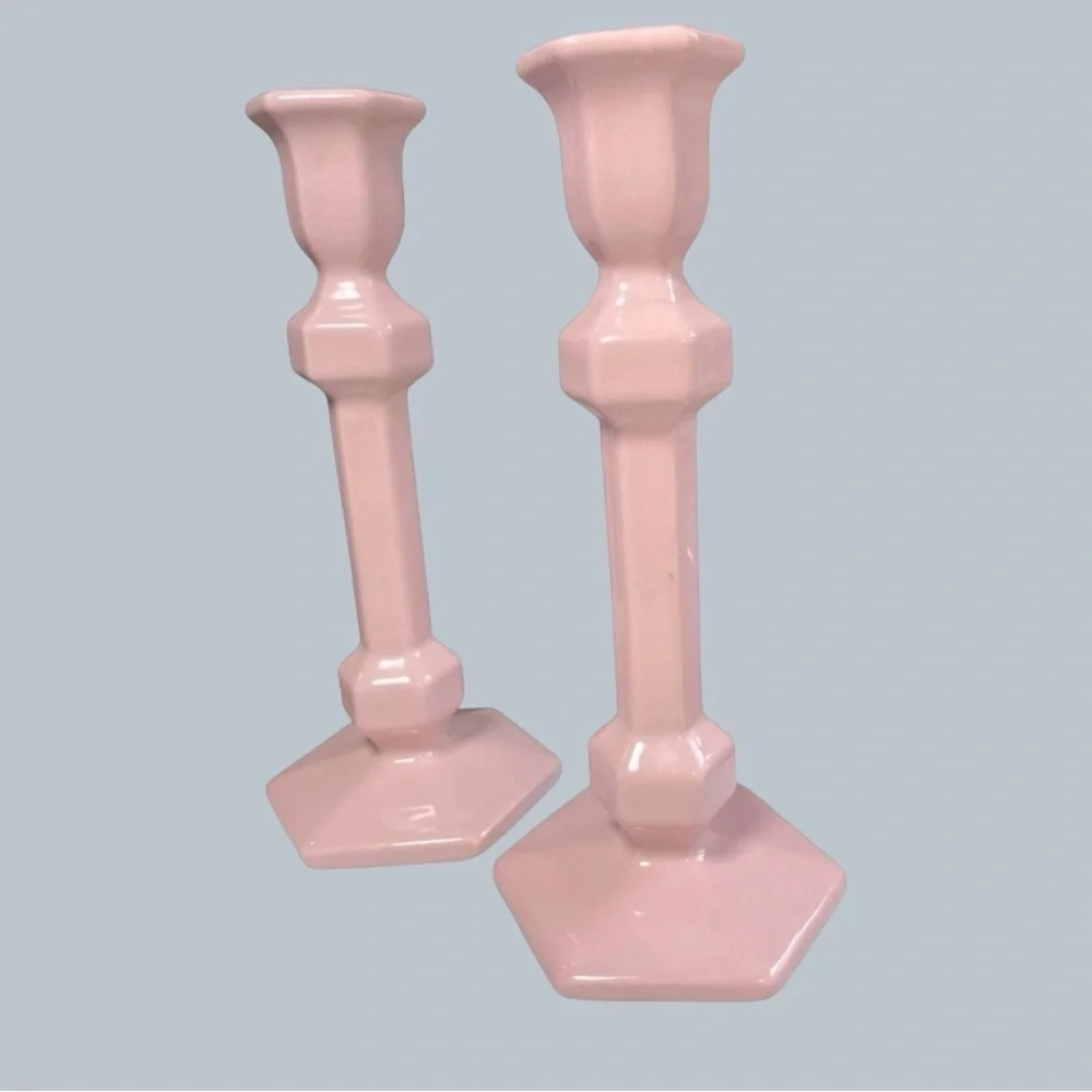 Vintage Pink Ceramic Candlestick Holders Set of 2 Art Deco Geometric